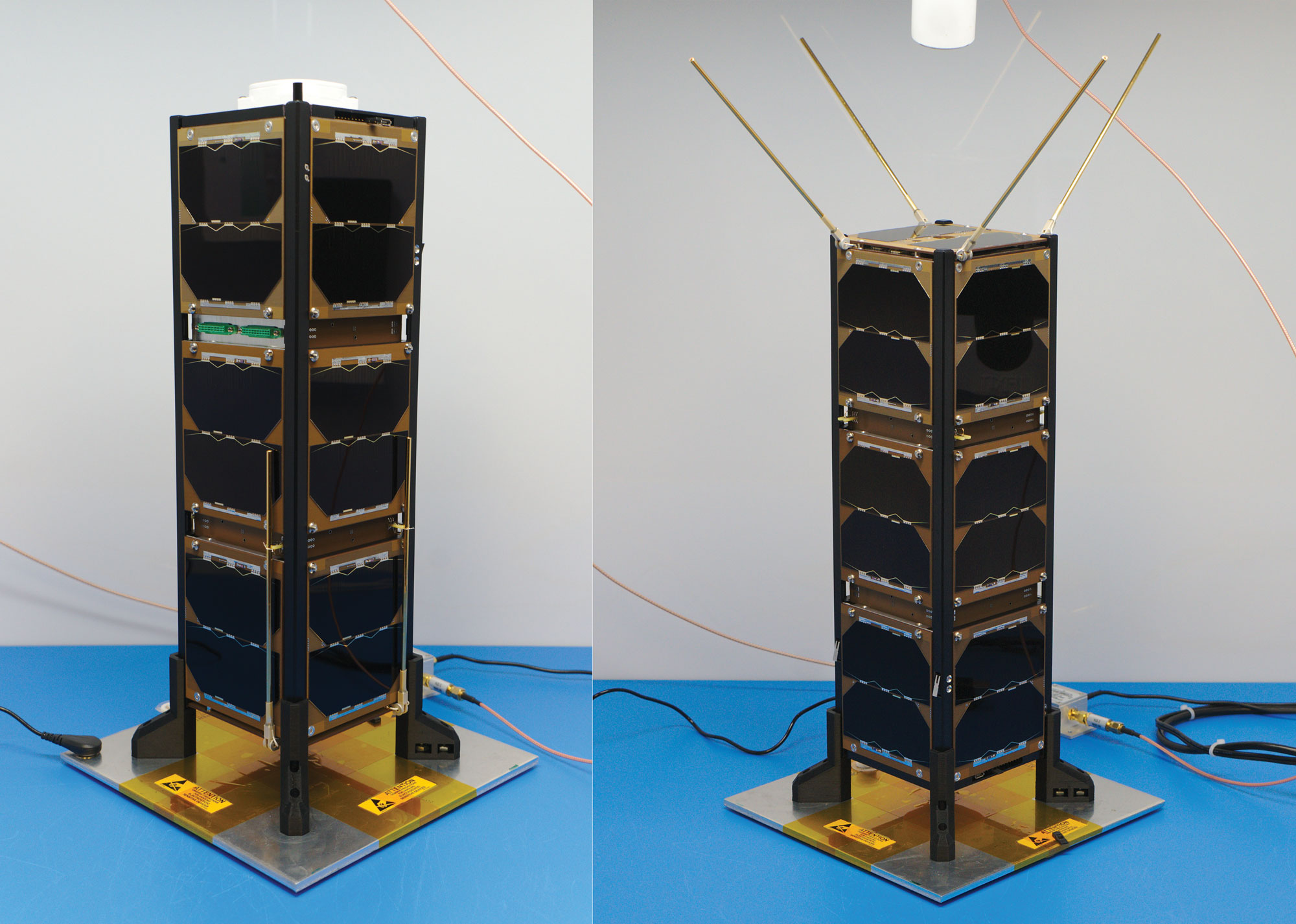 Figure 1: Bobcat-1, with communications antenna stowed (left) and deployed (right). Bobcat-1 measures approximately 10 x 10 x 30 centimeters. (Photos: All figures except FIGURE 3 provided by the authors)