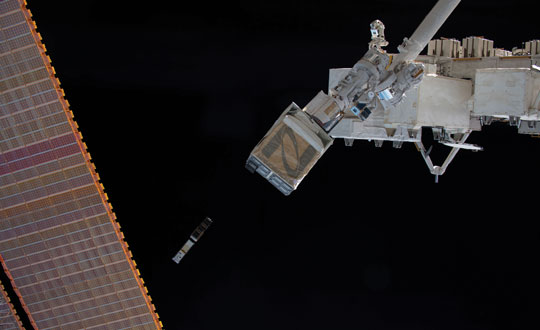 Figure 3: Bobcat-1 is deployed into low-Earth orbit by the Nanoracks CubeSat Deployer alongside SPOC, a CubeSat developed by the University of Georgia. (Photo: NASA)