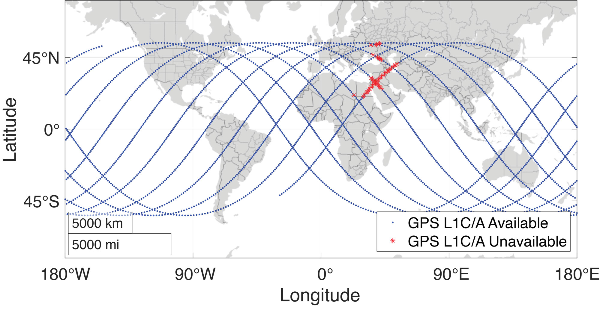 Figure 6 Bobcat-1’s ground track during a data collection for XYTOs estimation held in February 2022, approximately 24-hours long. Note that the blue dots correspond to the positions (latitude and longitude) of Bobcat-1. The red stars indicate that even if the position was calculated thanks to a multi-frequency and multi-GNSS solution, GPS L1 C/A measurements were not available. Analysis of the carrier-to-noise-density ratio measurements and comparison with the available spectrum measurements showed that in correspondence to those positions interference was present.