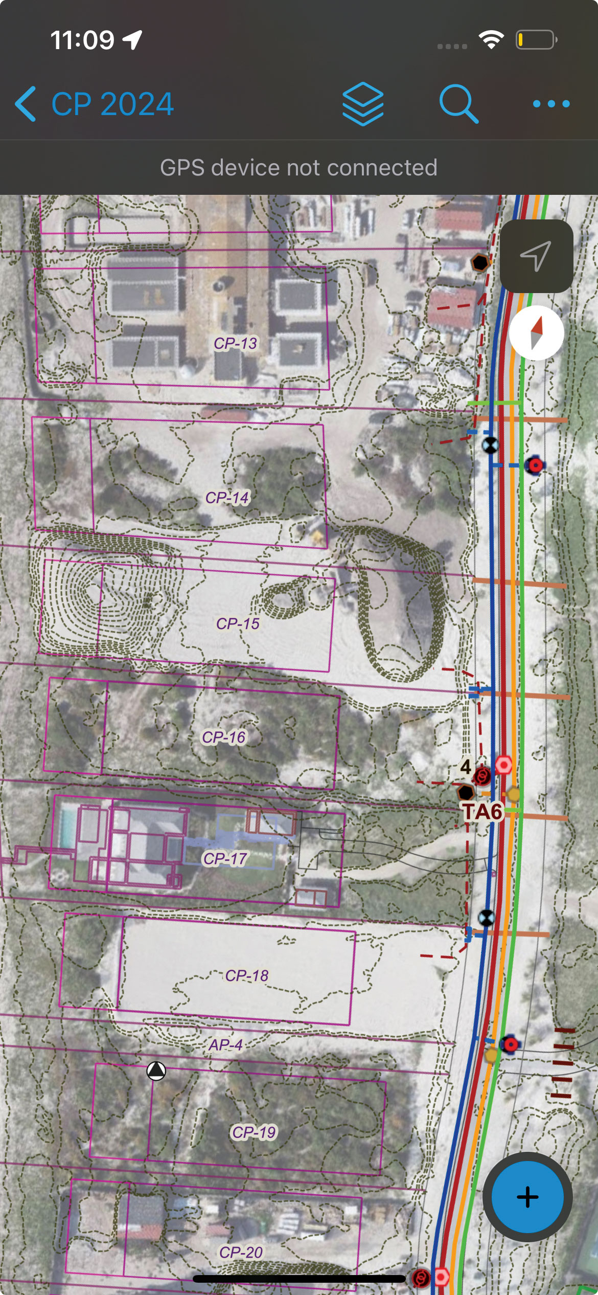 iphone screenshot, showing lots, foundations, finished construction, virgin sand, and utility lines. (Photo: Chris Kahn, AlphaRTK)