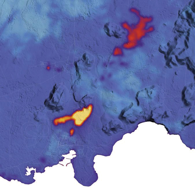 This map indicates the location and extent of recent activity using data acquired on January 16, 2024, by the TIRS-2 (Thermal Infrared Sensor 2) on the Landsat 9 satellite. The data is overlaid on a digital elevation model of the area. (Photo: NASA Earth Observatory/Lauren Dauphin, contains Landsat data from the USGS)