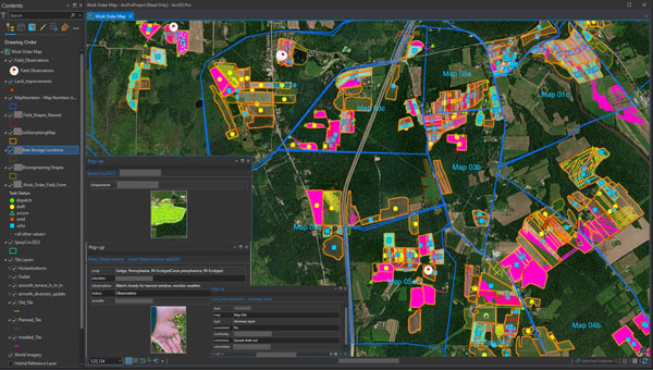 In ArcGIS Pro, administrators and agronomists view short term plans and historical information. The map views allows them to analyze passes over fields, coverage of treatments, quantities of materials, water drainage, and other variables to inform treatment decisions. (Photo: Courtesy of Ernst Seeds)