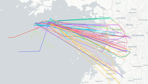 Aircraft operating near Seoul, South Korea spoofed to points in the ocean 28 to 30 May 2024. (Image: SkAI Data Services)