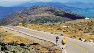 Leveling through the Mount Washington “cow pasture.” In the inset, MAC 100, one of the USGS benchmarks along the Auto Road. (Photo: Mike Pelchat, NH DNCR)