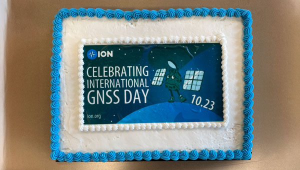 The University of New Brunswick (UNB) celebrated International GNSS Day with a cake imprinted with the Institute of Navigation (ION) announcement graphic. (Photo: Richard Langley)