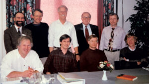GPS-for-Geodesy lecturing team. Top-row, left-to-right: Richard, Oscar Colombo, Yehuda Bock, Gerhard Beutler, and Alfred Kleusberg. Bottom-row, left-to-right: Hans van der Marel, Geoffrey Blewitt, Clyde Goad, and Peter Teunissen, Delft, The Netherlands, 1996.