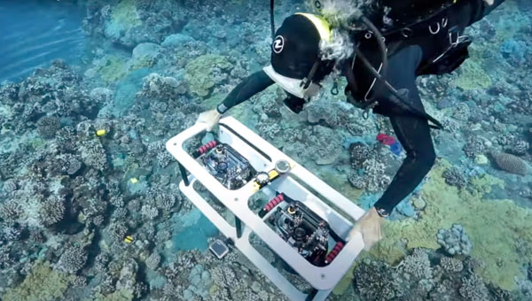 A dual-camera rig captures high-resolution images that can be stitched into a 3D composite for ongoing analysis of each reef. (Photo: courtesy of the 100 Island Challenge team at Scripps Institution of Oceanography)