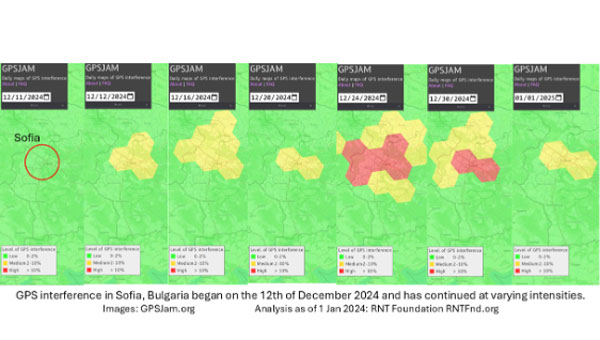 GPS interference in Sofia, Bulgaria, began on dec. 12, 2024, and has continued at varying intensities. (Photo: GPSJam.org)