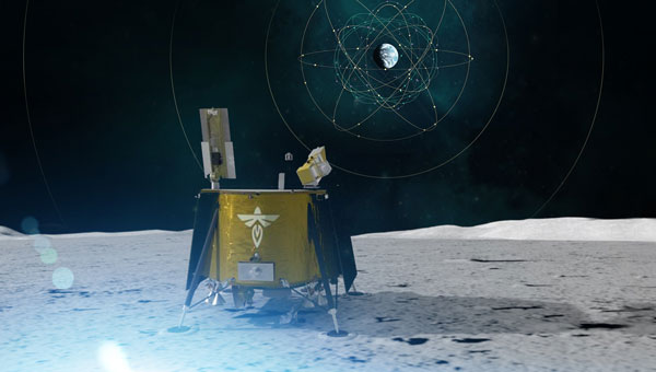 Artists concept rendering of LuGRE aboard the Blue Ghost lunar lander receiving signals from Earth's GNSS constellations. (Photo: NASA/Dave Ryan)