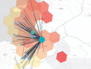A closer look at potentially spoofed aircraft in the Middle East on Dec. 5, 2024. The map indicates that roughly 244 flights were potentially spoofed in Jordan and the surrounding areas. The level of spoofing is indicated by the color of the hexagons — the redder the hexagon, the more jamming was observed. (Photo courtesy of SKAI Data Services)