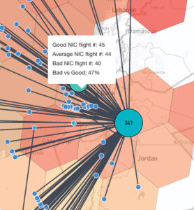 The blue markers represent the positions of aircraft just before they were spoofed. Users can hover over the lines and hexagons to see the number of aircraft reporting good, average and bad by NIC standards. (Photo courtesy of SKAI Data Services)