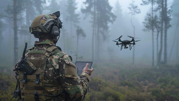 A soldier in camouflage uses a tablet to control drones in a foggy forest, demonstrating modern military equipment. (Photo: Xona Space Systems)