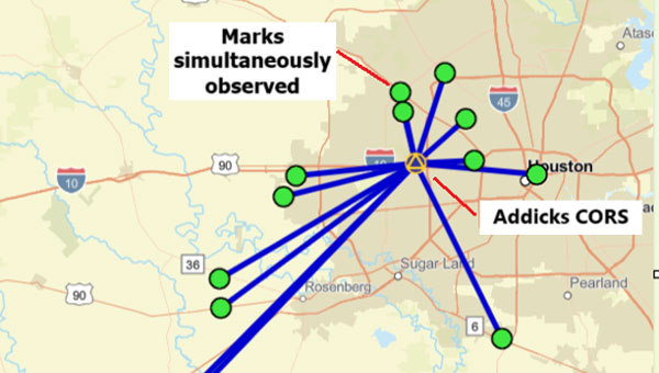 Plot of OPUS Projects network diagram. Hub is Addicks CORS, all marks are simultaneously observed during the session. (Photo: Dave Zilkoski)