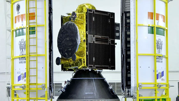 The NVS-02 navigation satellite being encapsulated into its payload fairing ahead of its Jan. 28 launch. (Photo: ISRO)