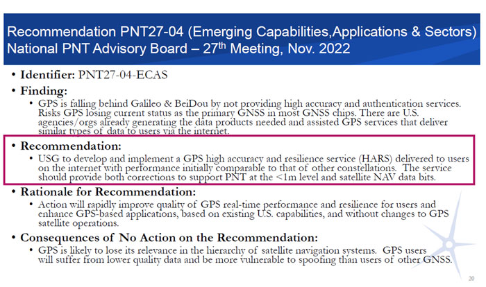 Recommandation PNT27-04. (Photo: Presentation by John W. Betz, PhD Member, National Space‐Based PNT Advisory Board on May 29, 2024)