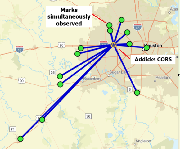 Plot of OPUS Projects network diagram. Hub is Addicks CORS, all marks are simultaneously observed during the session. (Photo: Dave Zilkoski)