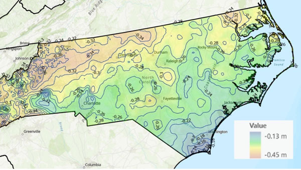 Photo:Differences between NAPGD 2022 orthometric heights and NAVD 88 in North Carolina (2 cm contour intervals). (Photo: Dave Zilkoski) 