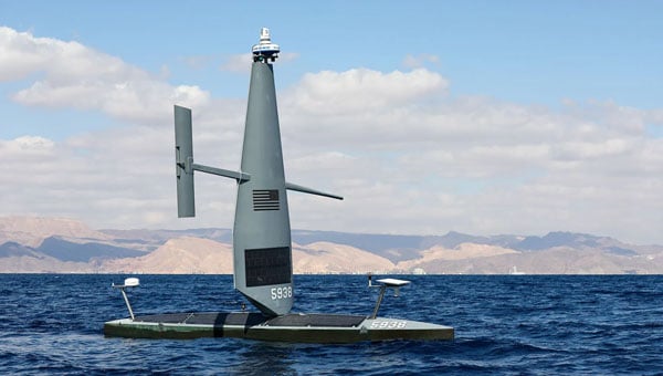 A Saildrone Voyager USV equipped with hardware and software to operate in a GPS-denied environment at sea during IMX 2025. (US Navy Photo by Chief Petty Officer Arif Patani.) (The appearance of US Department of Defense (DoD) visual information does not imply or constitute DoD endorsement.)