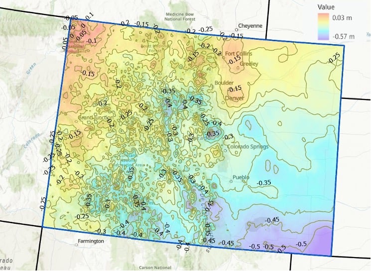 Differences between GEOID 2022 and GEOID 18 in Colorado (5 cm contour intervals). (Photo: Dave Zilkoski)