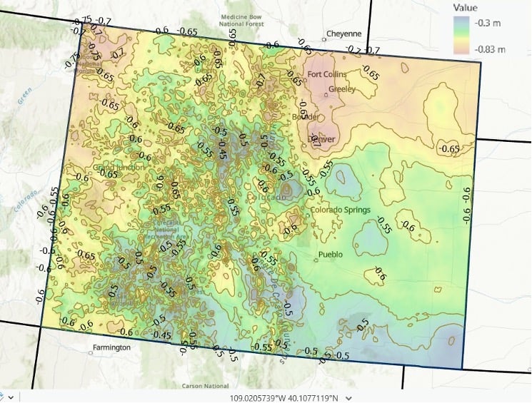 Differences between NAPGD 2022 orthometric heights and NAVD 88 in Colorado (5 cm contour intervals). (Photo: Dave Zilkoski) 