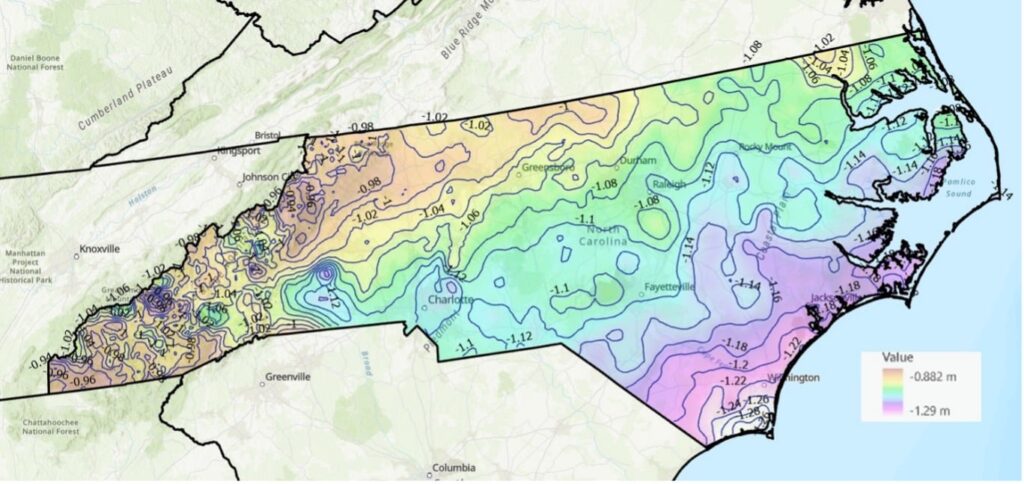 Differences between GEOID2022 and GEOID18 in North Carolina (2 cm contour intervals). (Photo: Dave Zilkoski) 