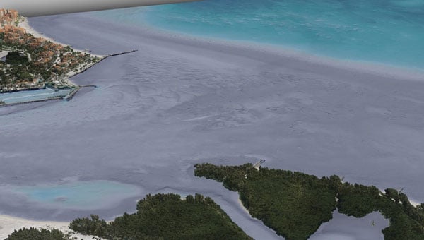A view looking northeast from Virginia Key shows the topobathymetric surface of the intertidal zone near Fisher Island, Florida. (Photo: Nicholas Klein / iStock / Getty Images Plus / Getty Images)