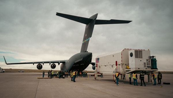 The Lockheed Martin Global Positioning Satellite (GPS) IIIA, Space Vehicle 08 (SV-08), prepares to be loaded to a U.S. Air Force C-17 Globemaster III from Buckley Space Force Base, Colorado, for transportation to Florida, April 1, 2025. The space vehicle was successfully transferred on April 2, 2025, through a coordinated effort between Lockheed Martin, the U.S. Space Force’s Space Operations Command, and USAF’s Air Mobility Command. (U.S. Space Force Photo by Senior Airman Joshua Hollis)