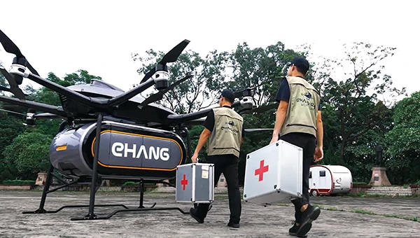 The Ehang 216 heavy-cargo UAV EHang 216L is designed for deliveries, including life-saving ones. Photo: Ehang video screenshot