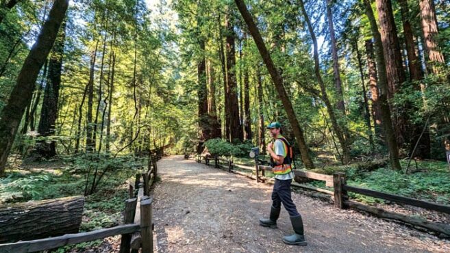 on a pole or mounted on a chest harness (shown). Some users have mounted them on vehicles or inverted rods for maintenance holes, etc. (Photo: Scott Walls, Walls Land+Water)