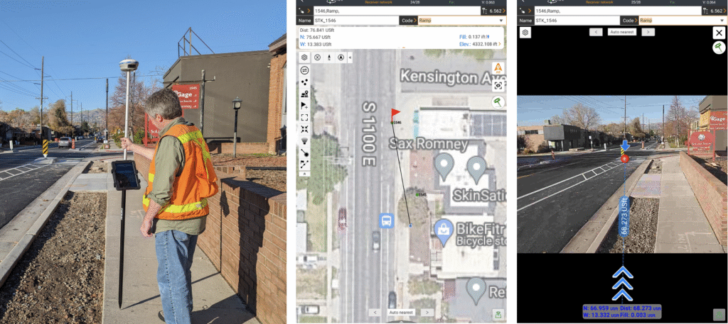 Visual offset point and stakeout with the CHC i89 rover (left), and in the Landstar field software (center and right). (Photo: J. ZoBell, iGage)