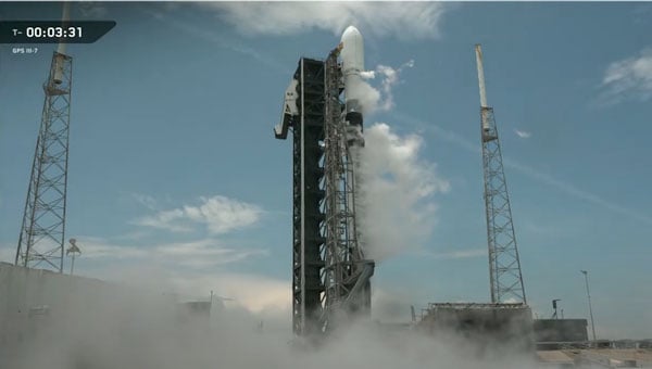 A SpaceX Falcon 9 rocket carrying the Space Force's GPS III SV-08 mission payload before liftoff, May 30, 2025. (Screenshot: SpaceX livestream)