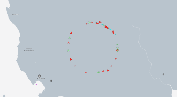 Screenshot of MarineTraffic now shows boats traveling in a circle inland from the Baltic Sea.