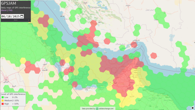 Screenshot of the live GPSJAM.org feed showing jamming in the Strait of Hormuz region.