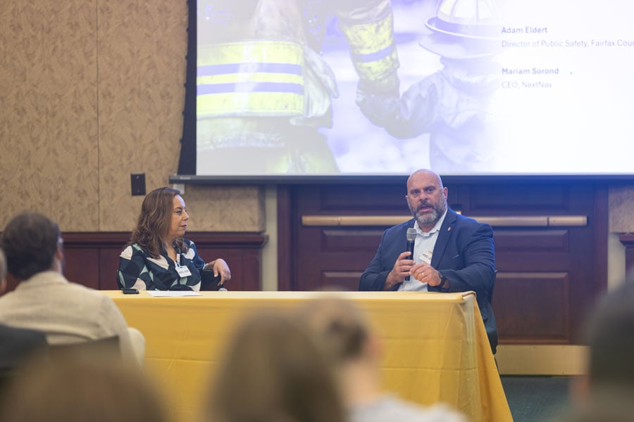 From left to right: Mariam Sorond, Board Chair & CEO, NextNav; Adam Eldert, Director of Public Safety for Fairfax County, Virginia.