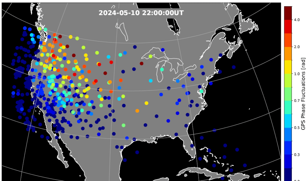 Figure 2. Phase scintillation index over the United States during the geomagnetic storm at 22:00 UT on May 10, 2024. The map is derived from the Global Positioning System (GPS) signals. The map shows enhanced phase fluctuations that impacted GPS position accuracy. Adapted from Figure 4d of the paper. (Credit: Authors)