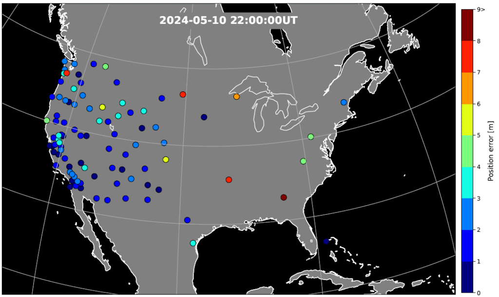 Figure 3. GPS position error over the United States during the geomagnetic storm at 22:00 UT on May 10, 2024. The map is derived from the Global Positioning System (GPS) signals. The map shows large error occurs at trough boundary and enhanced TEC regions. Adapted from Figure 5d of the paper. (Credit: Authors)