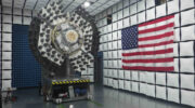 The Navigation Technology Satellite-3 (NTS-3) spacecraft is shown in an anechoic test chamber prior to electromagnetic interference and electromagnetic compatibility testing in Palm Bay, Florida. This experimental satellite is being designed, built and tested by L3Harris Technologies, and will be used by the Air Force Research Laboratory and partner organizations as part of an integrated system to conduct a one-year demonstration of advanced technologies and concepts in satellite navigation. (Credit: AFRL)
