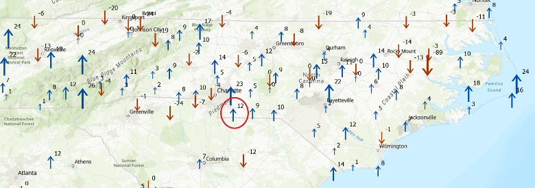Change in Ellipsoid Height in NC based on ITRF 2020 (units in mm)
