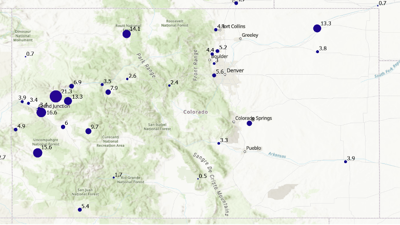 Change in CORS Coordinates in Colorado based on ITRF 2020
Horizontal Change (units in mm)
