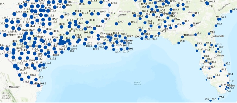 Differences Between ITRF2020 and NAD 83 2011 in the Gulf Coast Region Horizontal Change (units in cm)
