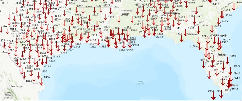 Differences Between ITRF2020 and NAD 83 2011 in the Gulf Coast Region Ellipsoid Height Change ( units in cm).