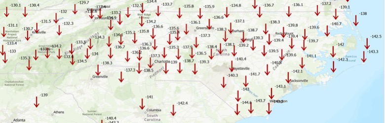 Differences Between ITRF2020 and NAD 83 2011 in NC  Ellipsoid Height Change (units in cm)