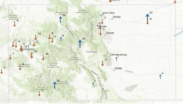 Change in CORS coordinates in Colorado based on ITRF 2020
Ellipsoid Height Change (units in mm)