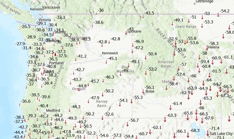 Differences Between ITRF2020 and NAD 83 2011 in Washington State
Ellipsoid Height Change (units in cm)
