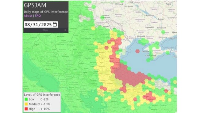 A screenshot of the interference pattern in Bulgaria displayed by GPSJam.org on Aug. 31. (Credit: GPSJam.org)