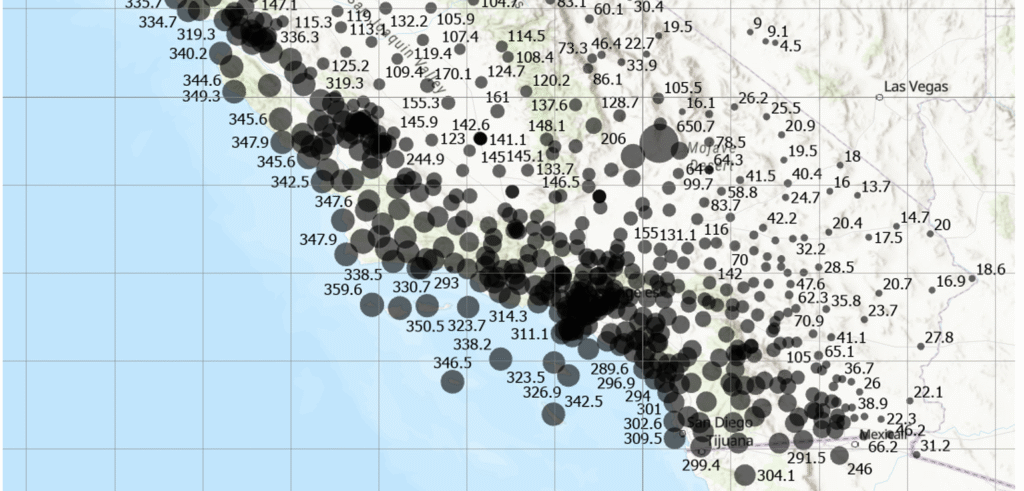 Differences in horizontal coordinates (N, E) between Epoch2025.00 and Epoch 2017.50 southern section.