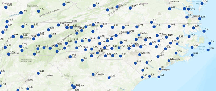Approximate differences between NATRF2022 (Epoch 2020.0) and NAD 83 2011 (Epoch 2010.0) in North Carolina. Horizontal change in feet. (Credit: Dave Zilkoski) 