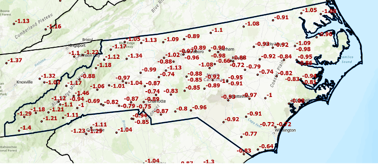 Approximate differences between NAPGD2022 and NAVD 88 in North Carolina. Orthometric height change in feet. (Credit: Dave Zilkoski)