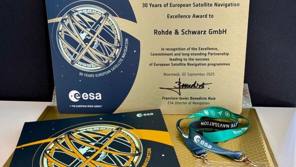 Rohde & Schwarz was recognized by ESA for its contribution to 30 years of European Satellite Navigation with an Excellence Award..(Photo: R&S)
