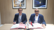 Signature of the MoU between NSSTC and Thales Alenia Space. From left to right: David Philipona, Vice President Navigation Domain France at Thales Alenia Space and Ali Al Shehhi, Director of NSSTC. (Photo: Thales Alenia Space)